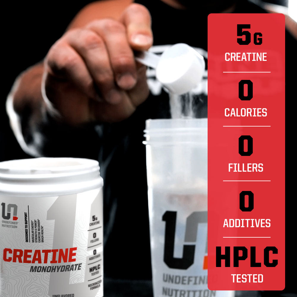 Creatine Monohydrate Powder supplement container with a person pouring powder, Undefined Nutrition branding, and product features.