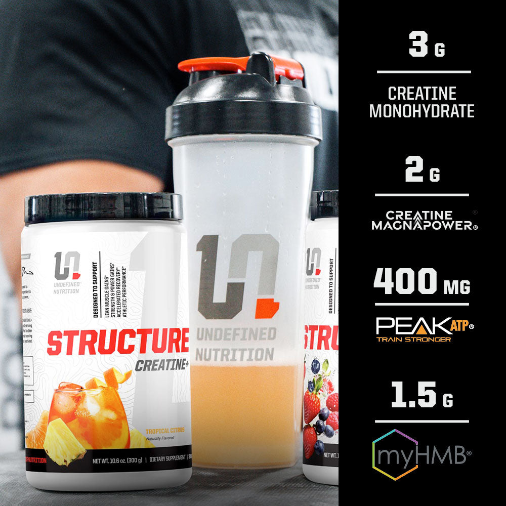 Undefined Nutrition Structure Creatine+ Monohydrate Creatine Powder packaging with a shaker bottle