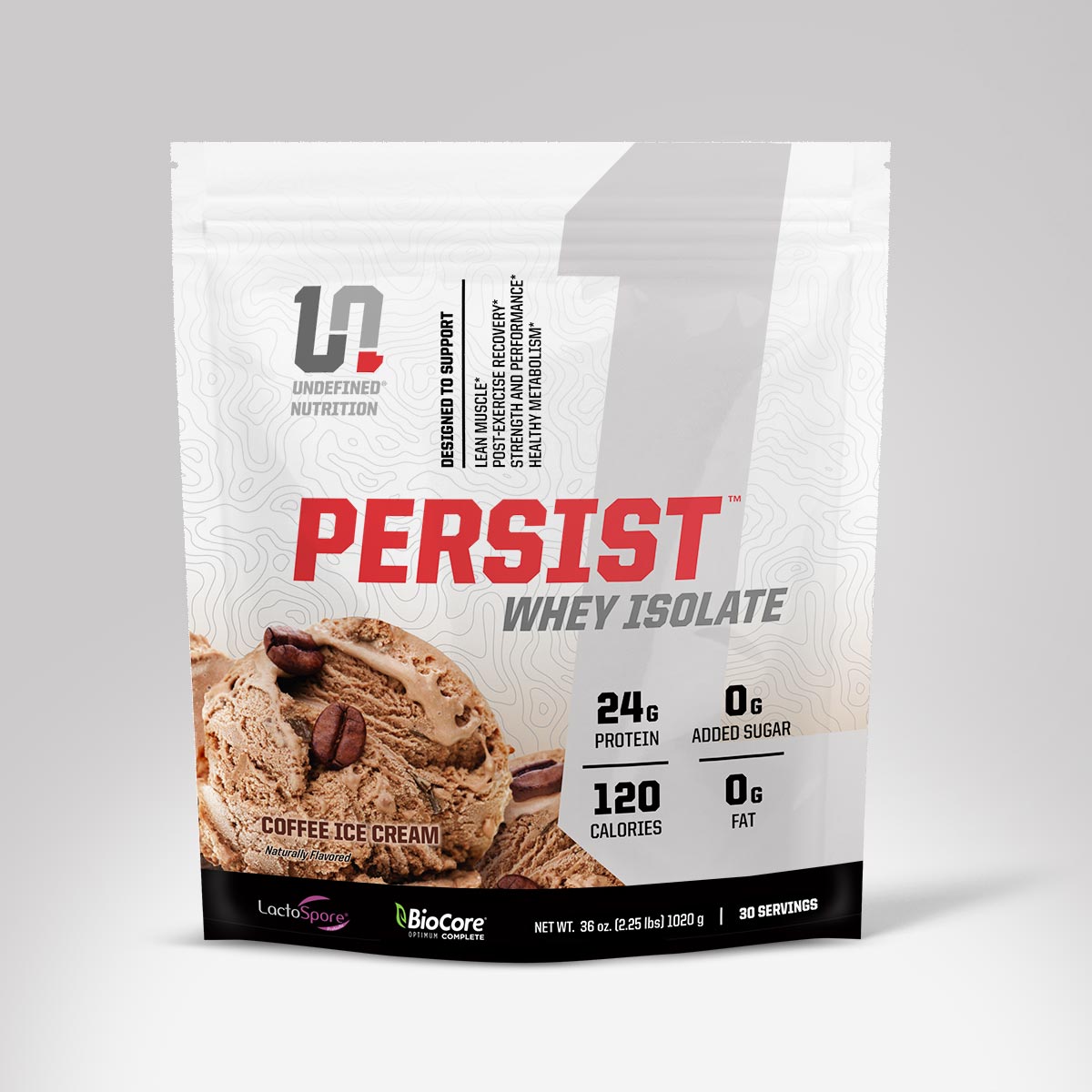 Persist Whey Protein Isolate - Coffee Ice Cream flavor nutritional supplement made by Undefined Nutrition - Brian Shaw