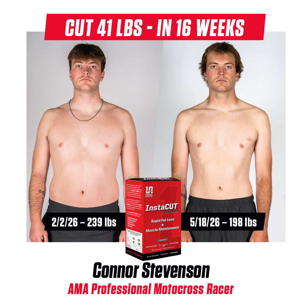 Before-and-after fitness transformation photo of Connor Stevenson showing weight loss progress from 2/2/26 - 239 lbs to 5/18/26 - 198 lbs, with a red InstaCut product box centered between the two photos.