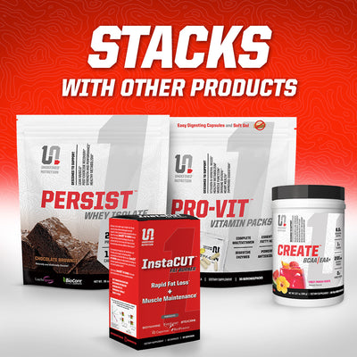 Supplement products including 'Persist', 'Pro-Vit', 'InstaCut', and 'Create' on a red and white background.