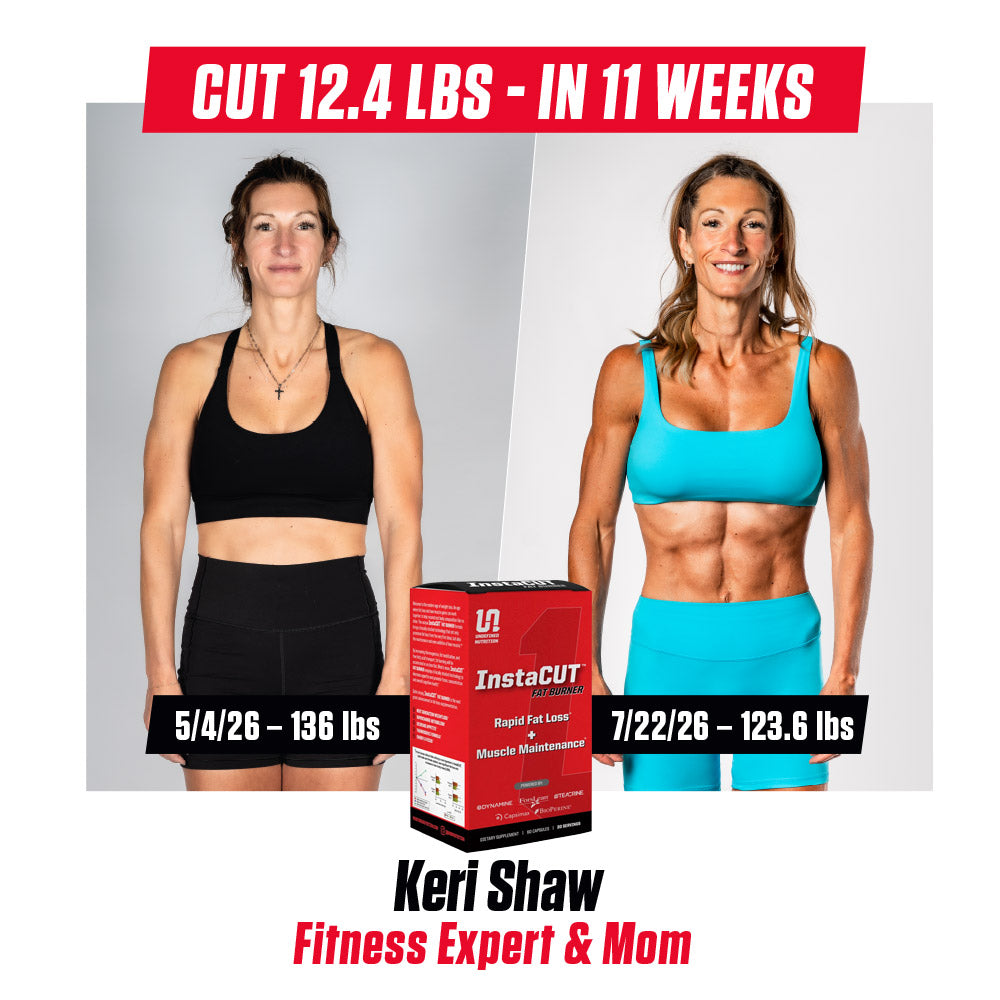 Before-and-after fitness transformation graphic featuring Keri Shaw in athletic wear. A red box of InstaCut Rapid Fat Loss Muscle Maintenance supplement is shown in the foreground, with text reading CUT 12.4 LBS - IN 11 WEEKS' and Keri Shaw Fitnes Expert and Mom