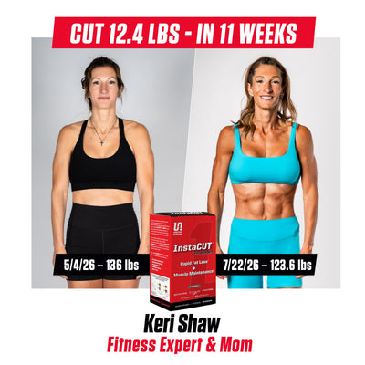 Before-and-after fitness transformation graphic featuring Keri Shaw in athletic wear. A red box of InstaCut Rapid Fat Loss Muscle Maintenance supplement is shown in the foreground, with text reading CUT 12.4 LBS - IN 11 WEEKS' and Keri Shaw Fitnes Expert and Mom