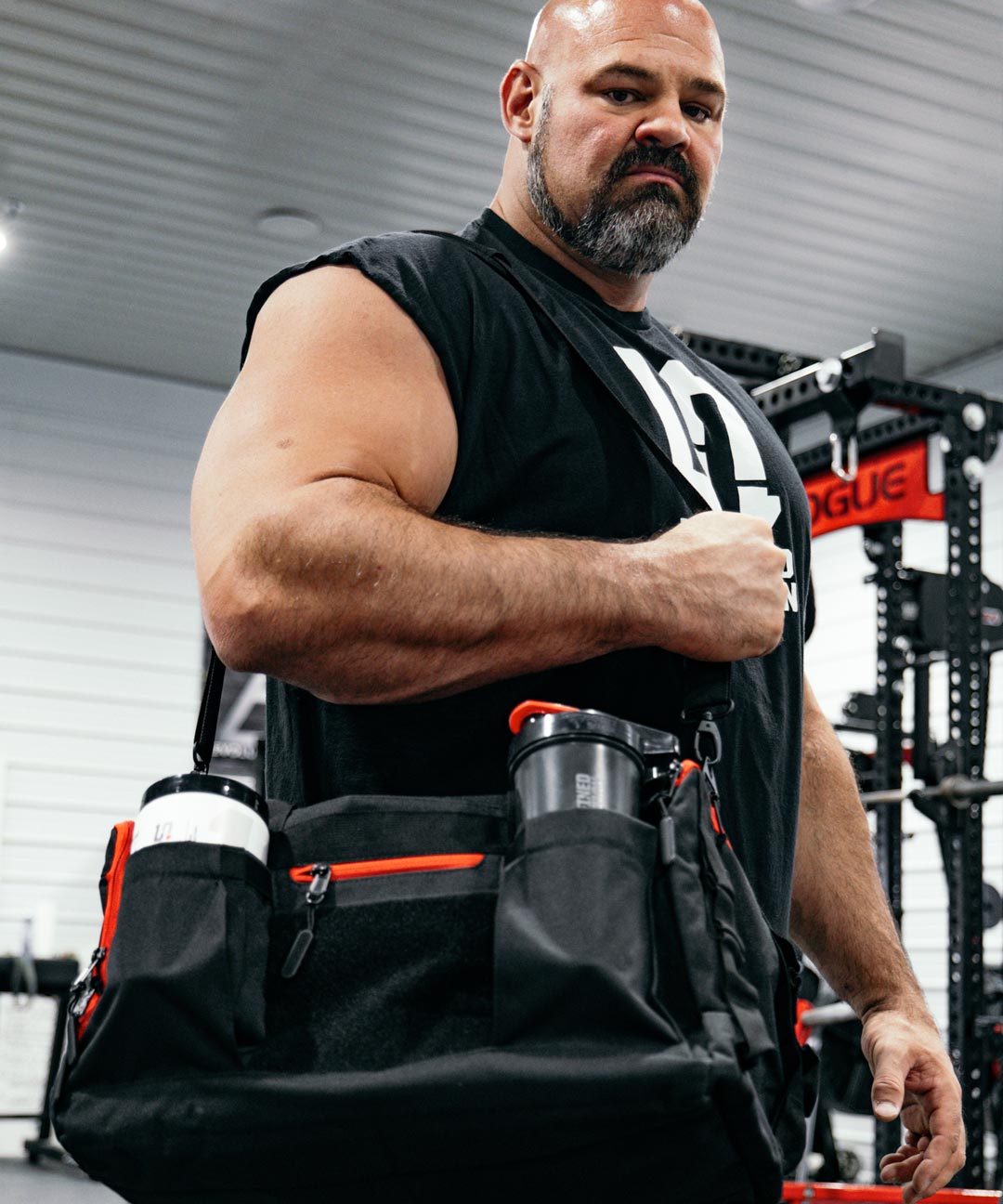 Brian Shaw showing the Undefined Nutrition Gym Bag.