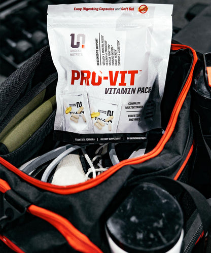 Pro-Vit vitamin pack inside a black and red backpack