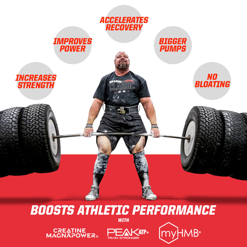 Brian Shaw lifting a barbell with text about athletic performance benefits of Structure Creatine+ Monohydrate Creatine Powder 