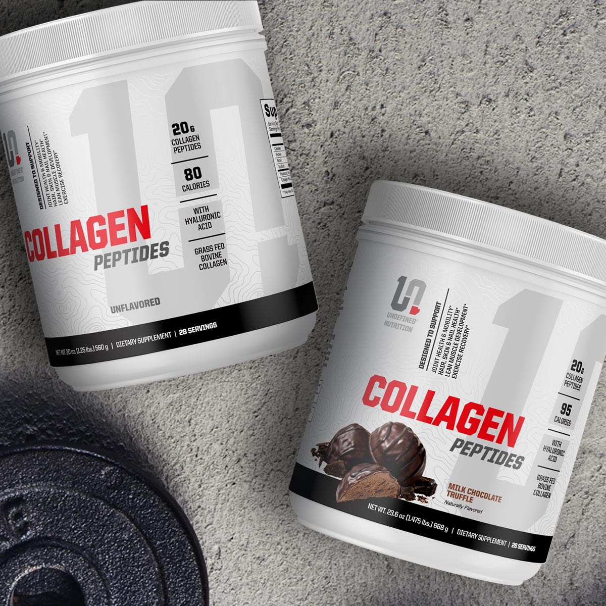 Two containers of collagen peptides on a textured surface with a black weight plate.