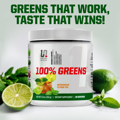 Supplement container labeled '100% Greens' with lime and mint leaves on a light background